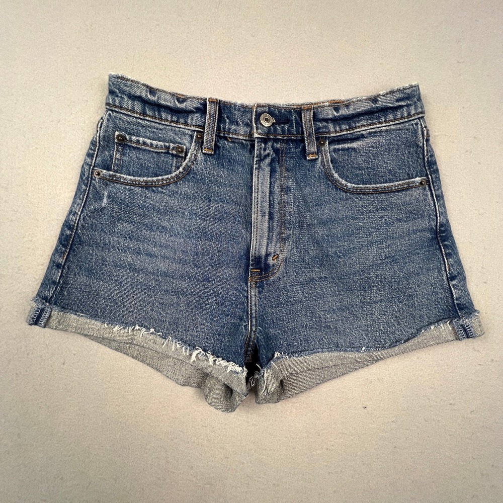 Abercrombie & Fitch Mom‎ Short Womens 27/4 Blue High Rise Denim Raw Hem Casual